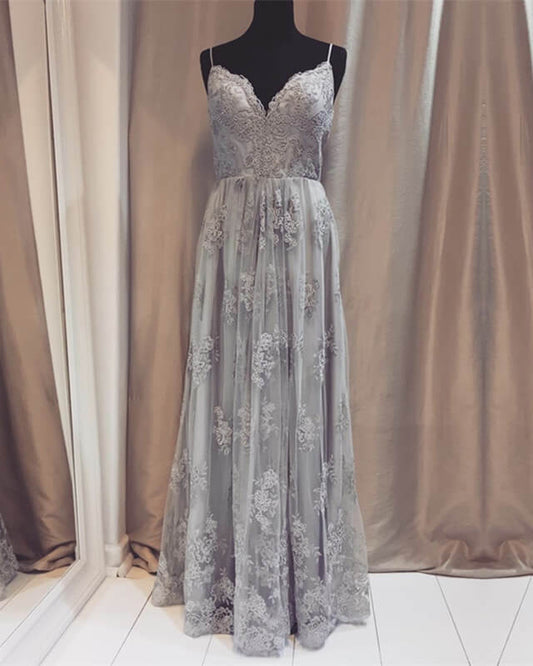 Long Silver Tulle Bridesmaid Dresses Lace Appliques