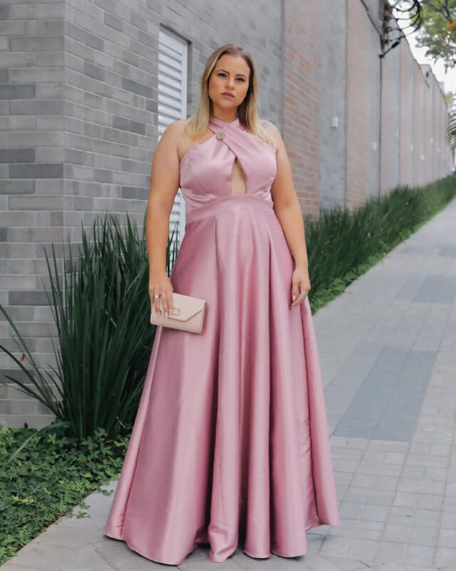 Pink Plus Size Halter Bridesmaid Dresses Satin