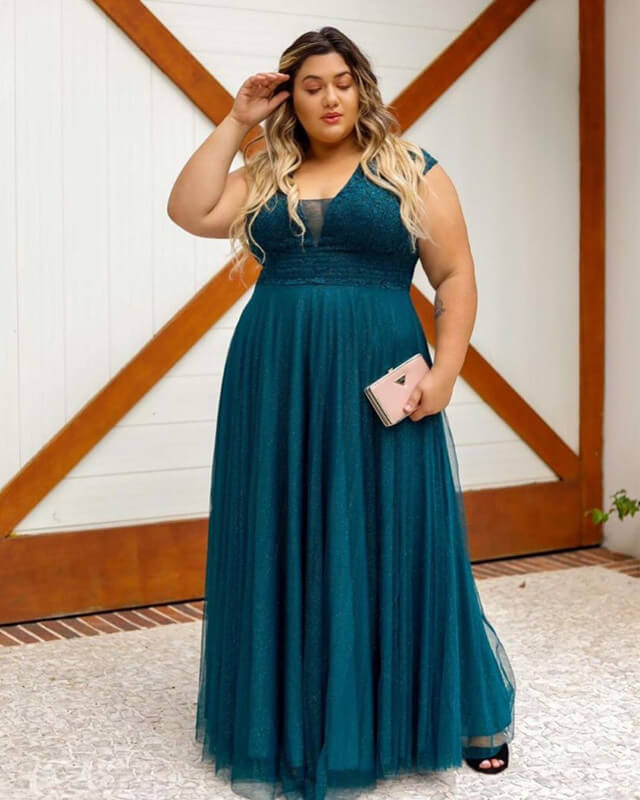 Plus Size Teal Cap Sleeve Bridesmaid Dresses V Neck