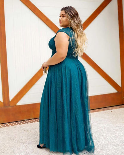 Plus Size Teal Cap Sleeve Bridesmaid Dresses V Neck