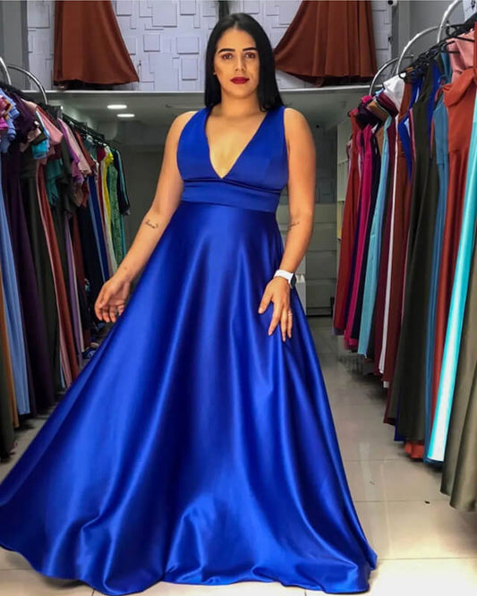Plus Size Royal Blue Plunging Satin Bridesmaid Dresses