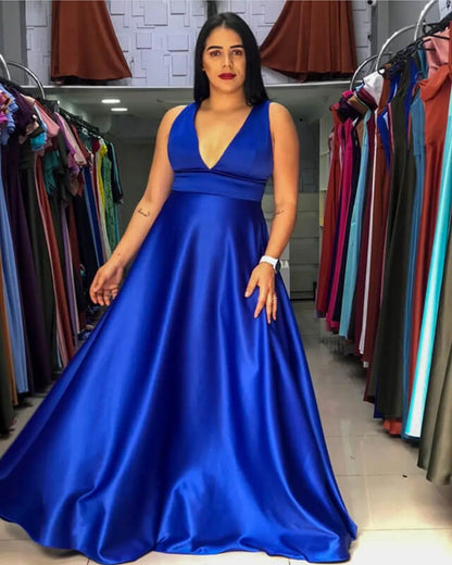 Plus Size Royal Blue Plunging Satin Bridesmaid Dresses