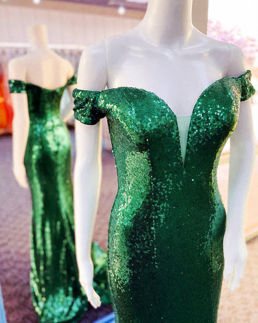 Mermaid Green Sequin Bridesmaid Dress Off Shoulder