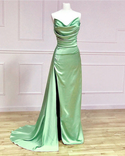 Long Sage Satin Cowl Neck Bridesmaid Dress