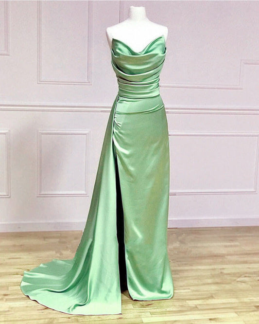 Long Sage Satin Cowl Neck Bridesmaid Dress