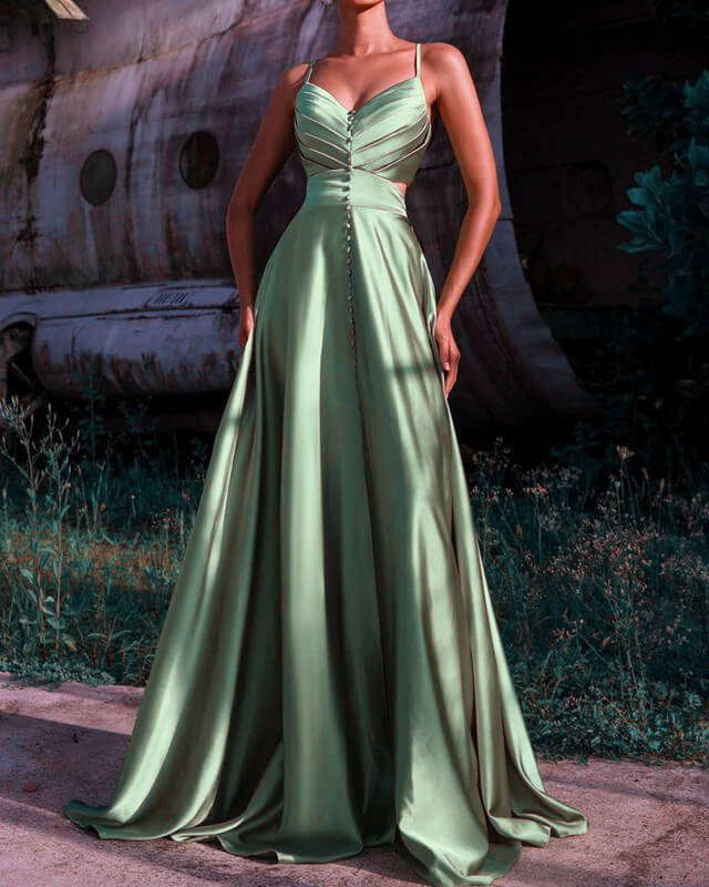 Long Sage Green V Neck Satin Empire Dress
