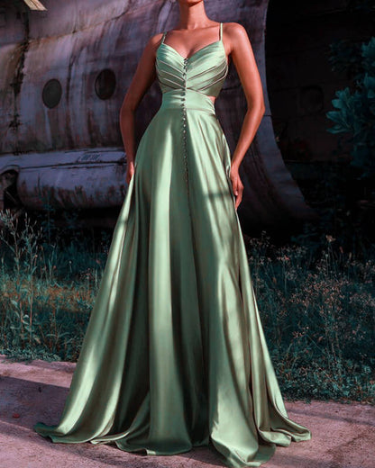 Long Sage Green V Neck Satin Empire Dress