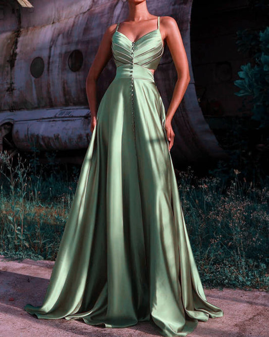Long Sage Green V Neck Satin Empire Dress
