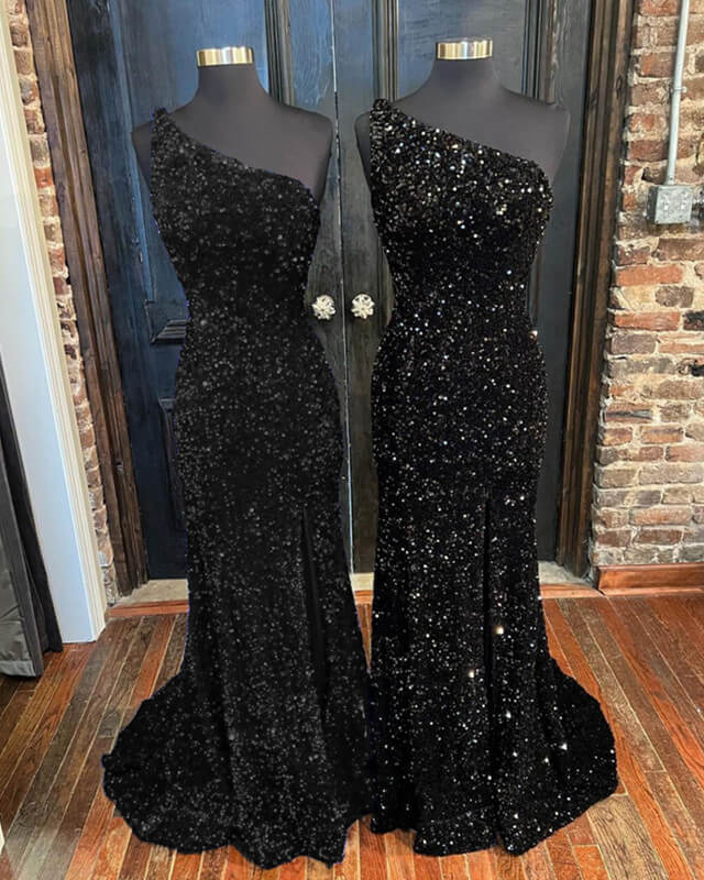 Black Sequin One Shoulder Slit Dress