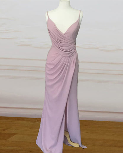 Long Mauve Pleated Chiffon Bridesmaid Dresses