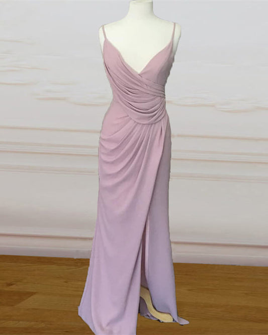 Long Mauve Pleated Chiffon Bridesmaid Dresses