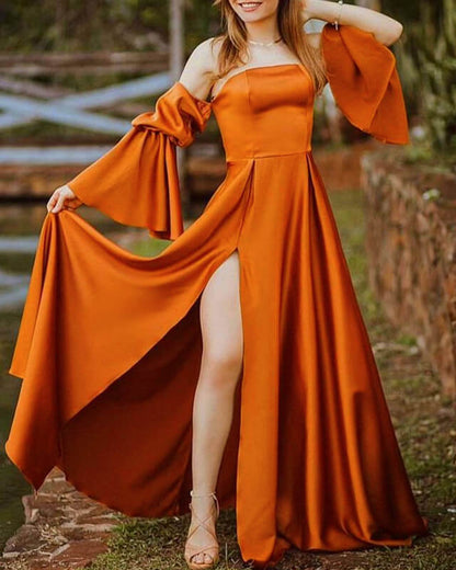Long Burnt Orange Satin Bell Sleeve Bridesmaid Dresses