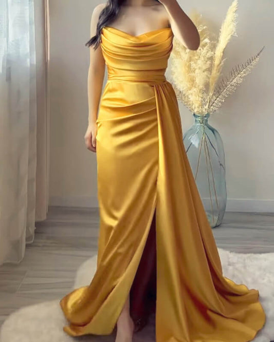 Mermaid Gold Strapless Slit Satin Dress