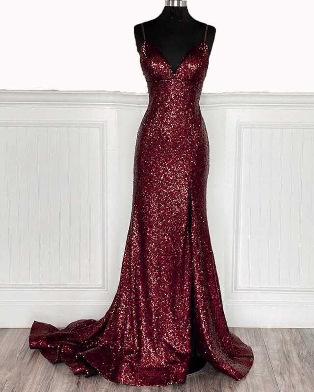 Mermaid Royal Blue Sequin Dresses V-neck Split