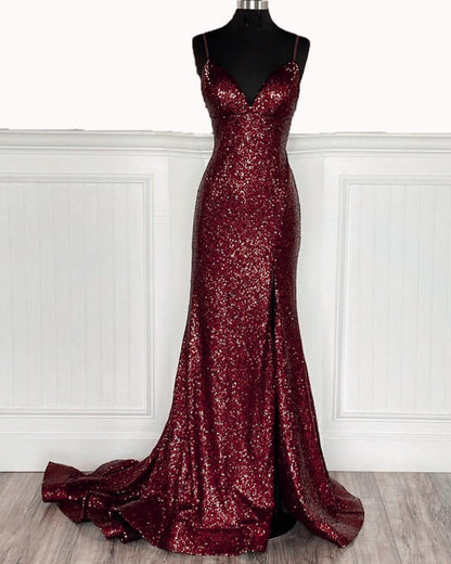 Mermaid Royal Blue Sequin Dresses V-neck Split