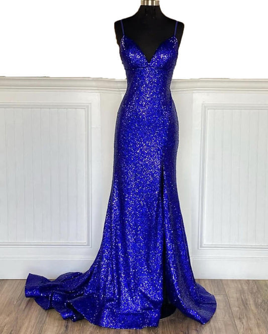 Mermaid Royal Blue Sequin Dresses V-neck Split