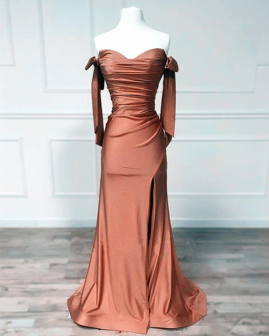 Mermaid Terracotta Ruched Split Satin Dress