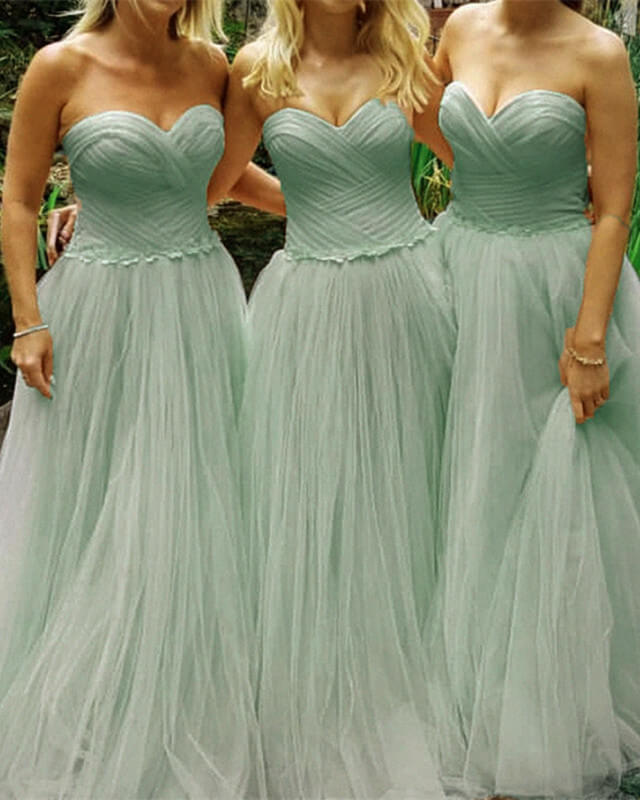Long Pleated Sweetheart Tulle Bridesmaid Dresses