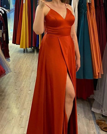 Long Empire Satin V Neck Split Bridesmaid Dresses