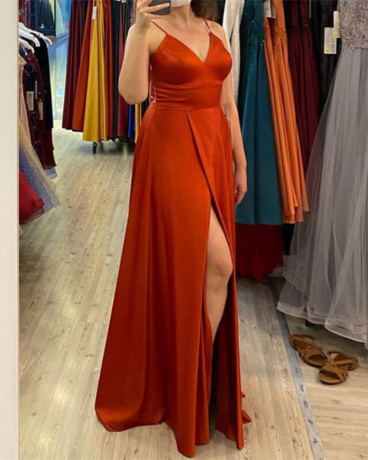Long Empire Satin V Neck Split Bridesmaid Dresses