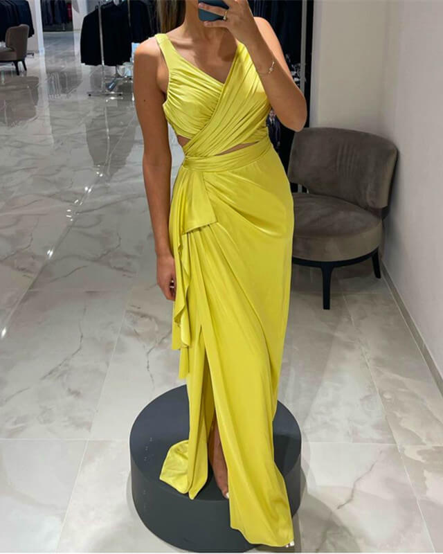 Lemon Yellow Sheath Slit Dress