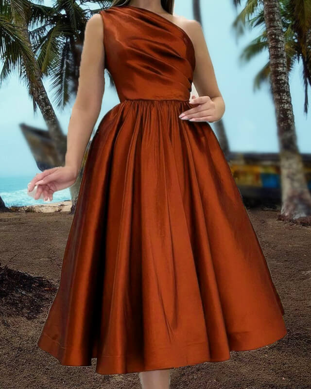 Burnt Orange One Shoulder Tea Length Satin Dress