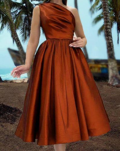 Burnt Orange One Shoulder Tea Length Satin Dress