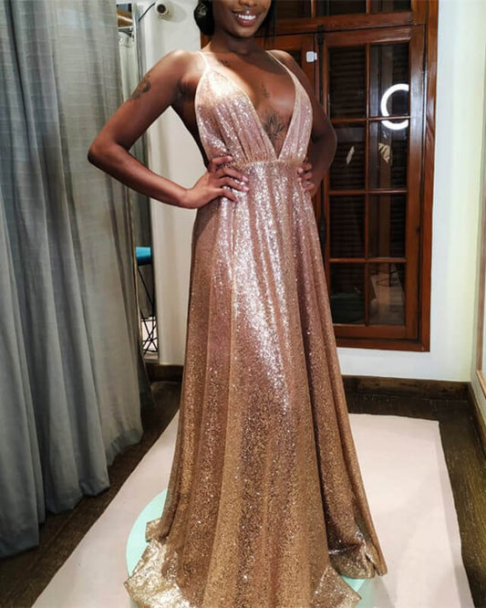 Long Rose Gold Sequin Plunging Dress
