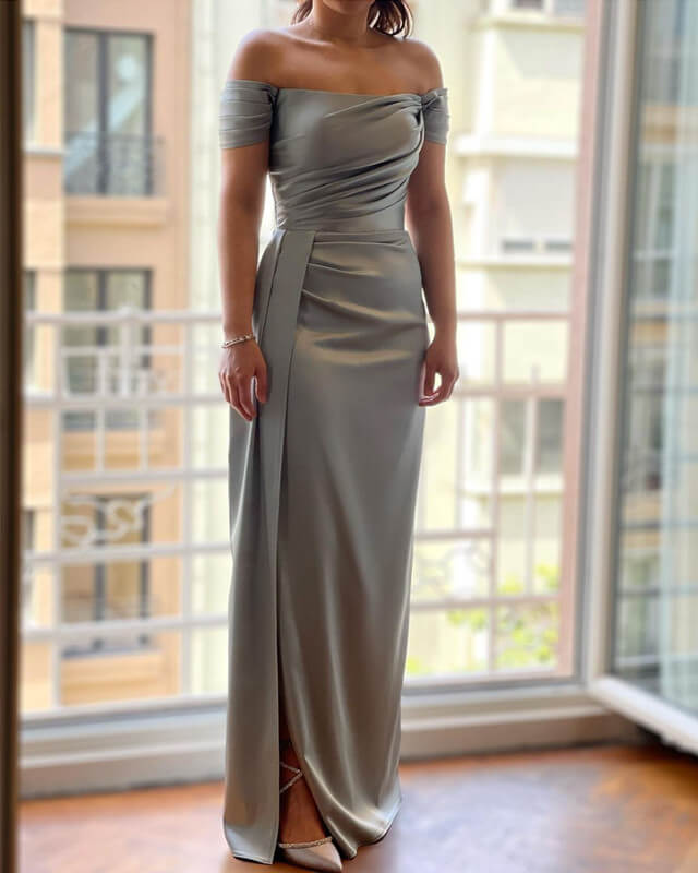 Off The Shoulder Silver Sheath Split Dress