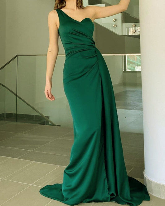 Mermaid Emerald Satin One Shoulder Dress