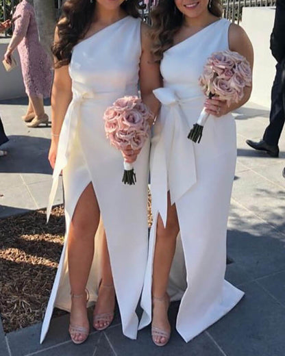 One Shoulder Bow Sashes Split Satin Dress