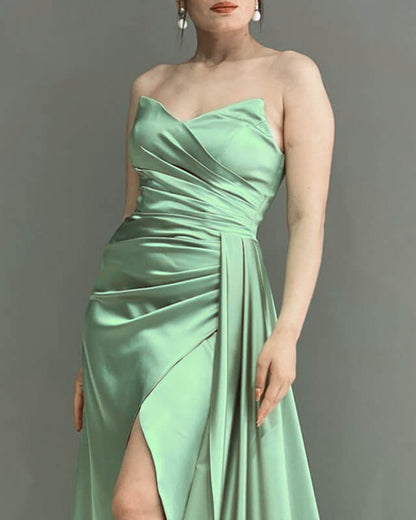 Mermaid Sage V Neck Slit Satin Dress