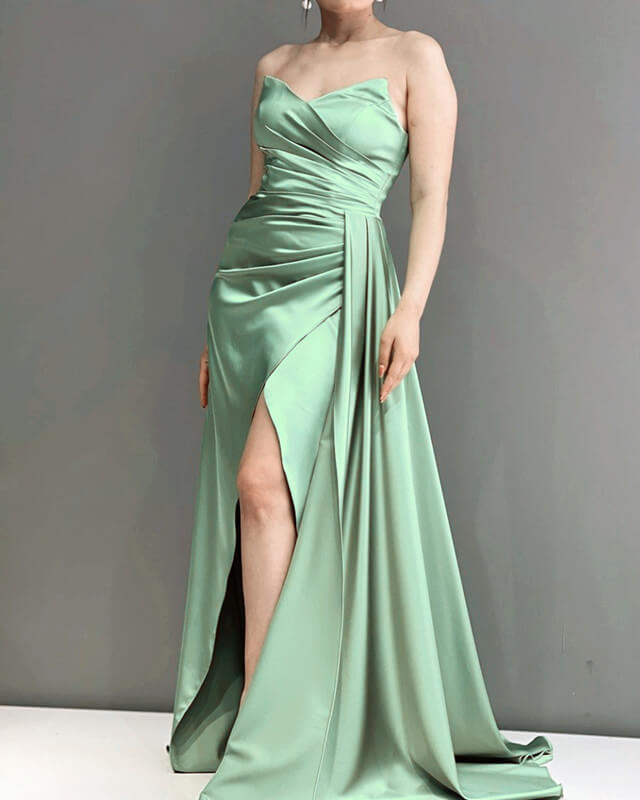 Mermaid Sage V Neck Slit Satin Dress