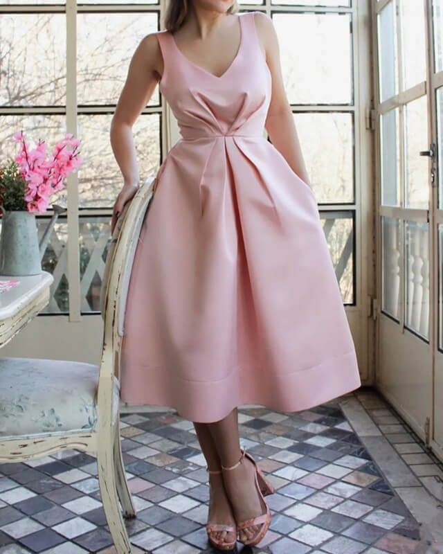 A-line Soft Pink Satin Midi Dress With Pockets