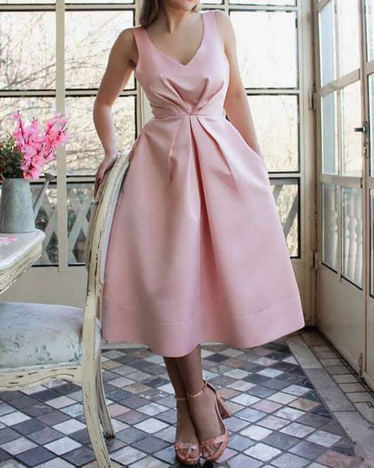 A-line Soft Pink Satin Midi Dress With Pockets