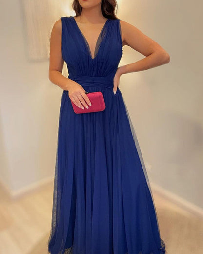 A-line V Neck Tulle Floor Length Dress