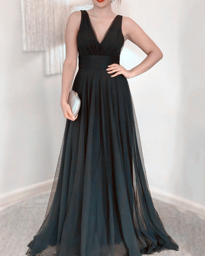 A-line V Neck Tulle Floor Length Dress