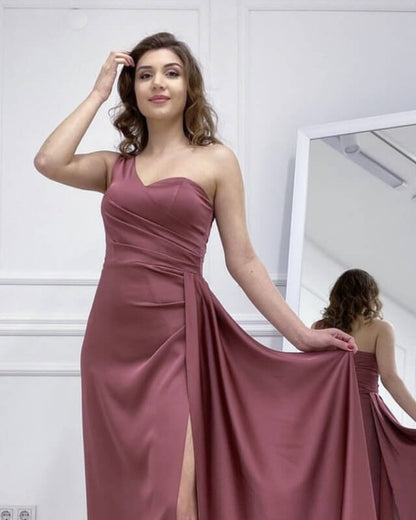 Mermaid Cinnamon Rose Satin Dress One Shoulder