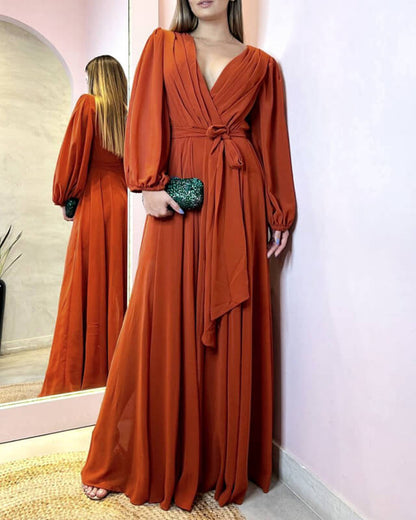 Long Sleeve Chiffon Bridesmaid Dresses V-neck