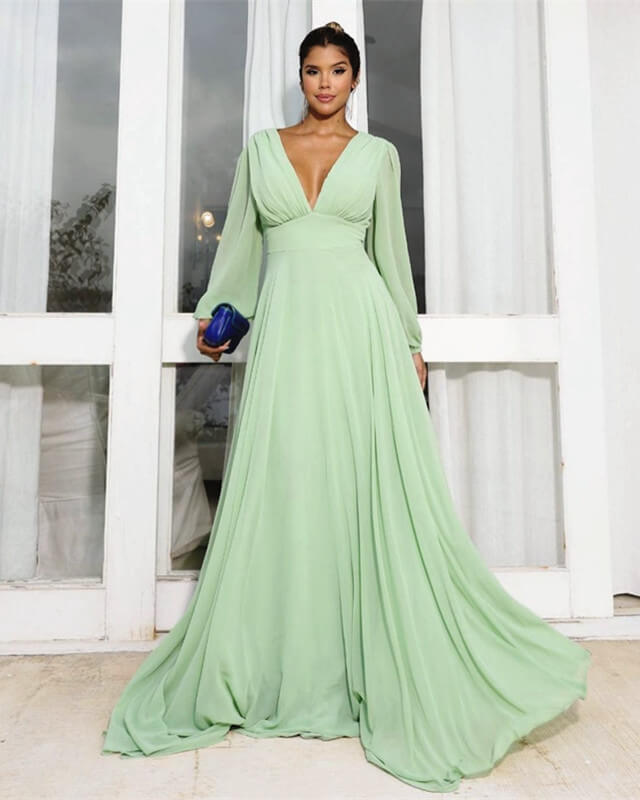 Long Sleeve Chiffon V-neck Dress