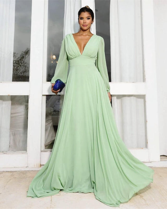 Long Sleeve Chiffon V-neck Dress