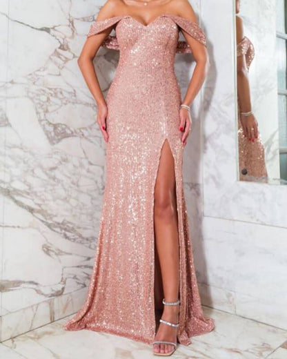 Mermaid Rose Gold Sequin Split Dress