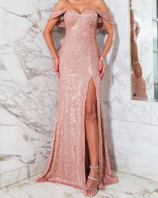 Mermaid Rose Gold Sequin Split Dress