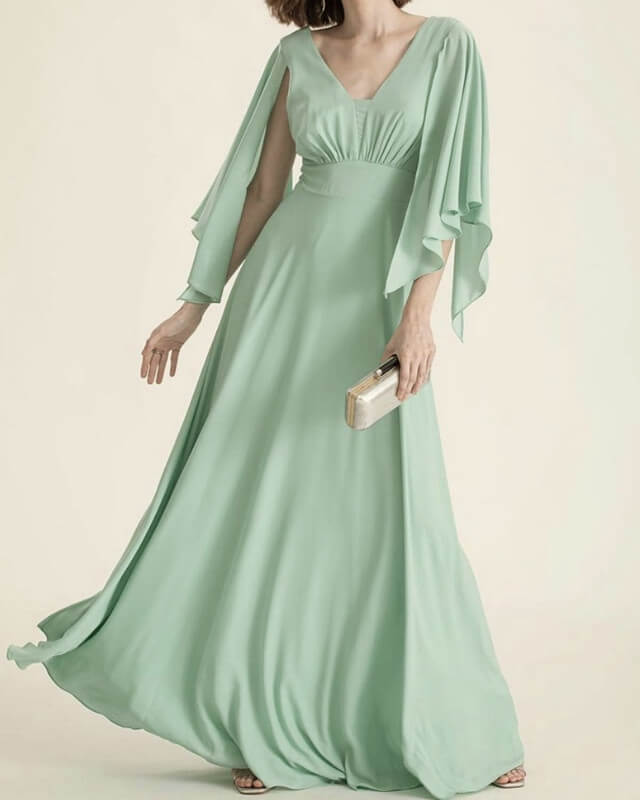 Long V-neck Cold Sleeves Chiffon Dress