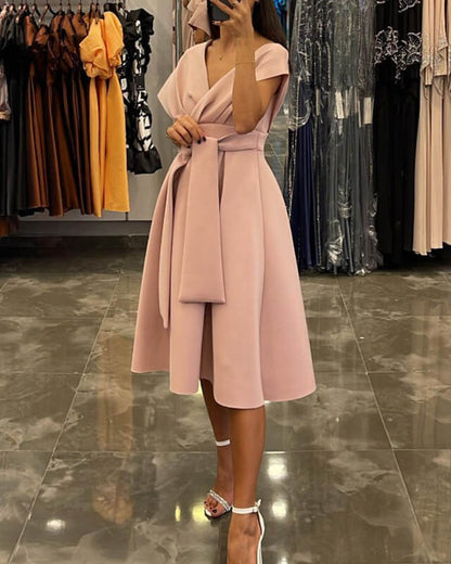 A-line Cap Sleeve V-neck Midi Dress