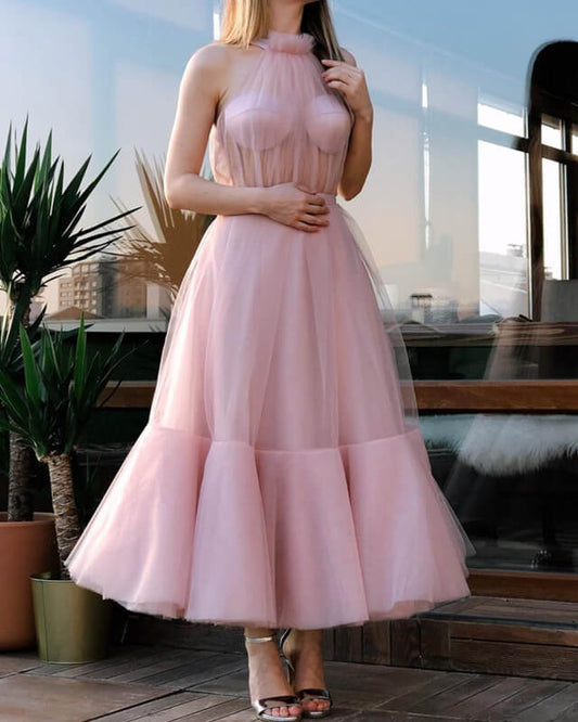 Halter A-line Tulle Midi Dress