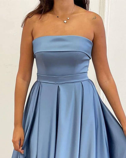 Long Dusty Blue Satin Strapless Split Dress