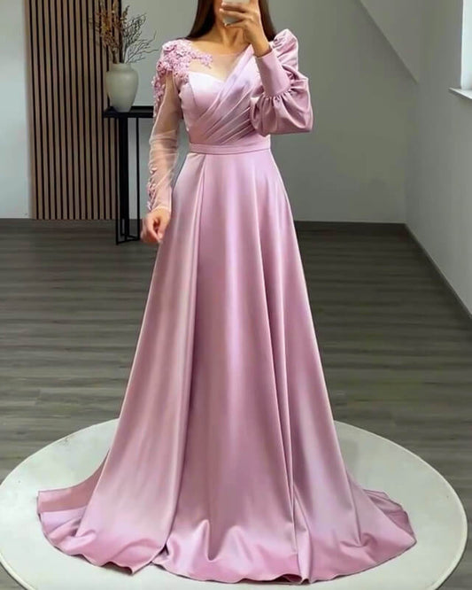 A-line Lace Appliques Long Sleeve Satin Dress