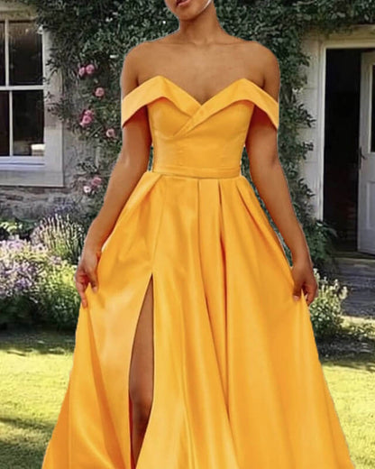 Long Marigold Satin Off Shoulder Dress