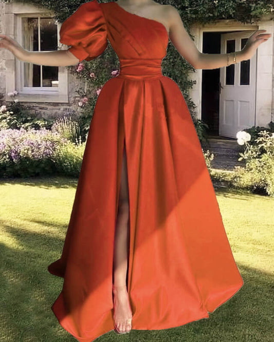 Burnt orange satin one sleeve dress